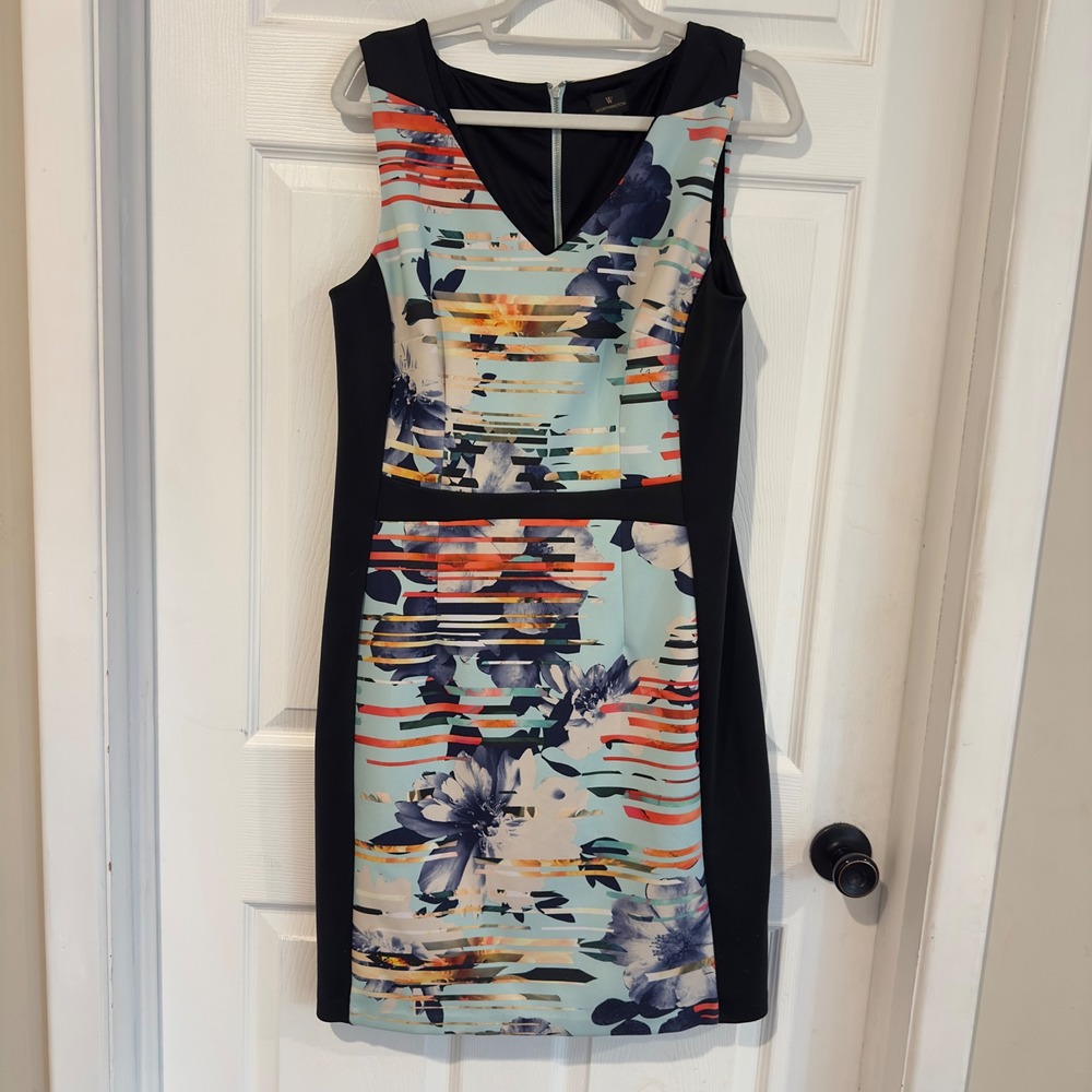 Worthington Floral Geometric Stripe V-Neck Sheath Dress Black Blue Pink Size 14